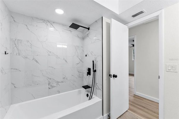 Bathroom, Interior, Marble Walls, Recessed Lighting, Wood Texture Flooring