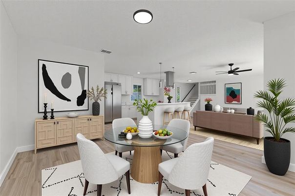 Dining room, Interior, Kitchen, Living room, Pendant Lights, Recessed Lighting, Wood Texture Flooring
