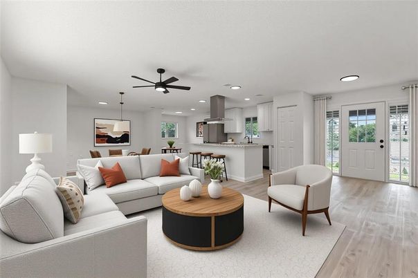 Dining room, Interior, Kitchen, Living room, Pendant Lights, Recessed Lighting, Stainless Steel Appliances, Wood Texture Flooring