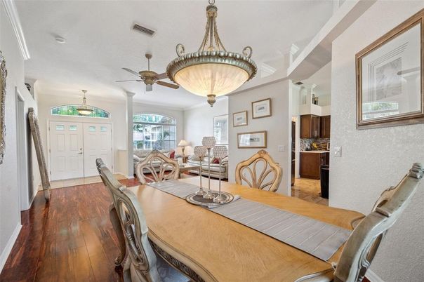 Dining room, Interior, Pendant Lights, Wood Texture Flooring