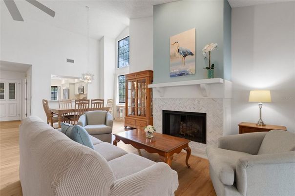 Chandelier, Dining room, Fireplace, Interior, Living room, Pendant Lights, Wood Texture Flooring