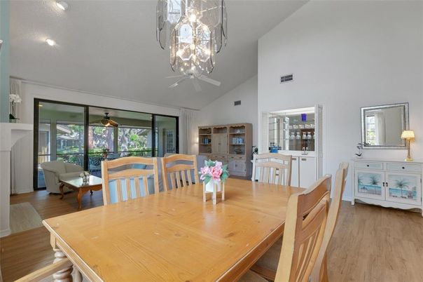 Dining room, Interior, Recessed Lighting, Wood Texture Flooring