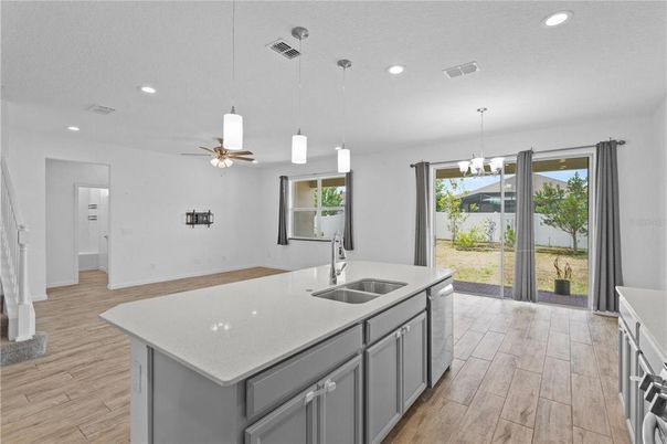 Chandelier, Interior, Kitchen, Pendant Lights, Recessed Lighting, Wood Texture Flooring