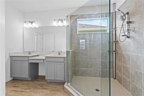 Bathroom, Dual Sink Vanities, Glass Shower, Interior, Wood Texture Flooring