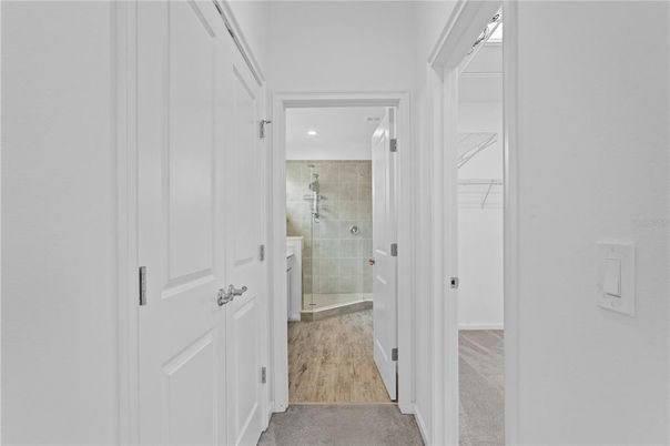 Bathroom, Glass Shower, Interior, Recessed Lighting, Wood Texture Flooring