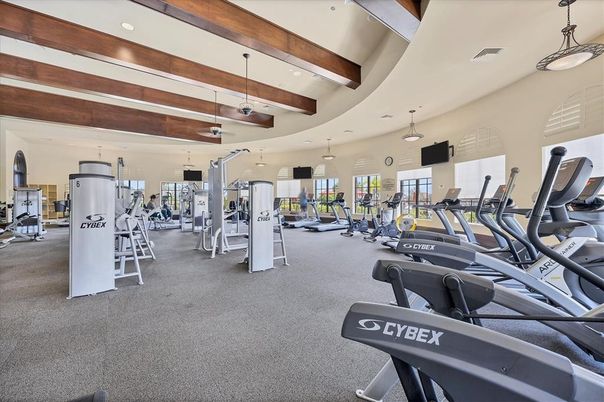Fitness Equipment, Gym, Interior, Pendant Lights, Recessed Lighting, Wooden Beams