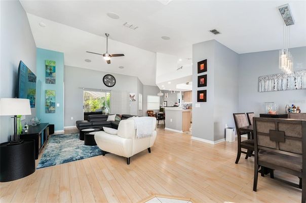 Dining room, Interior, Kitchen, Living room, Pendant Lights, Recessed Lighting, Wood Texture Flooring