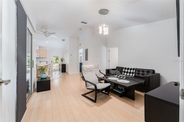 Interior, Kitchen, Living room, Pendant Lights, Wood Texture Flooring