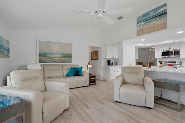 Interior, Kitchen, Living room, Recessed Lighting, Stainless Steel Appliances, Wood Texture Flooring