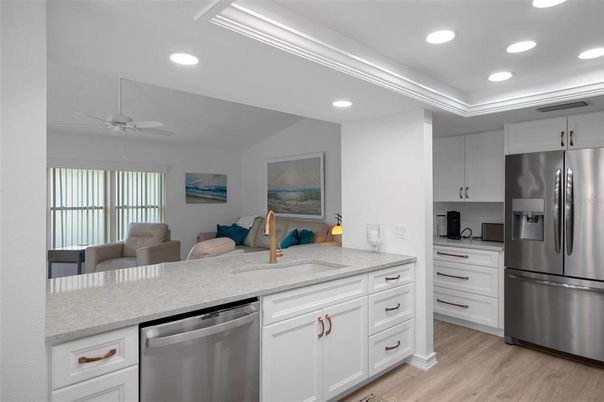 Interior, Kitchen, Recessed Lighting, Stainless Steel Appliances, Wood Texture Flooring