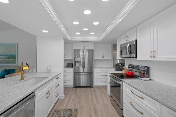 Interior, Kitchen, Recessed Lighting, Stainless Steel Appliances, Wood Texture Flooring