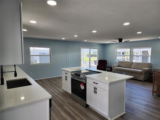 Interior, Kitchen, Living room, Recessed Lighting, Wood Texture Flooring