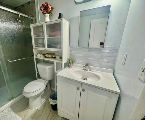 Bathroom, Glass Shower, Interior, Wood Texture Flooring
