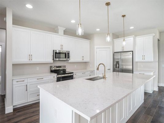 Interior, Kitchen, Pendant Lights, Recessed Lighting, Stainless Steel Appliances, Wood Texture Flooring