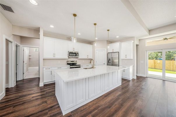 Interior, Kitchen, Pendant Lights, Recessed Lighting, Stainless Steel Appliances, Wood Texture Flooring
