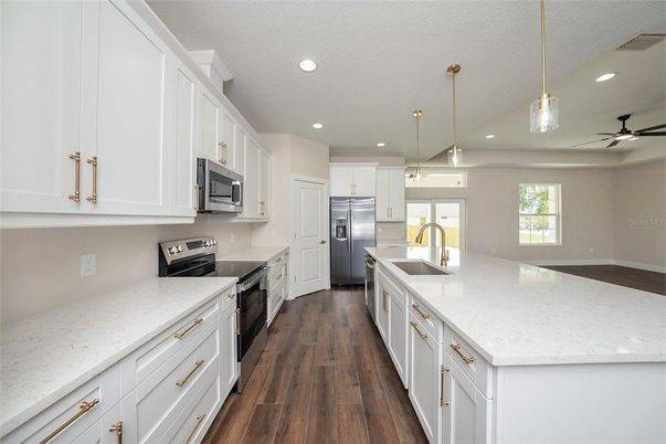 Interior, Kitchen, Pendant Lights, Recessed Lighting, Stainless Steel Appliances, Wood Texture Flooring