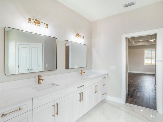 Bathroom, Dual Sink Vanities, Interior, Marble, Wood Texture Flooring