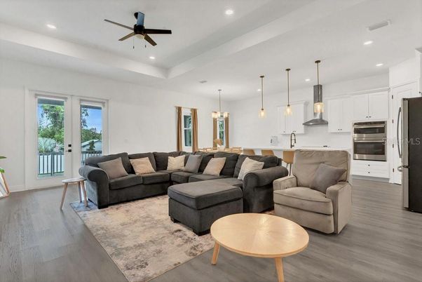 Interior, Kitchen, Living room, Pendant Lights, Recessed Lighting, Stainless Steel Appliances, Wood Texture Flooring