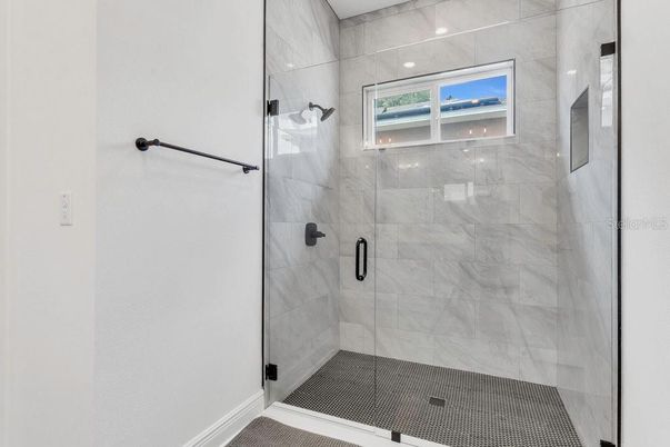Bathroom, Glass Shower, Interior, Marble Walls, Recessed Lighting