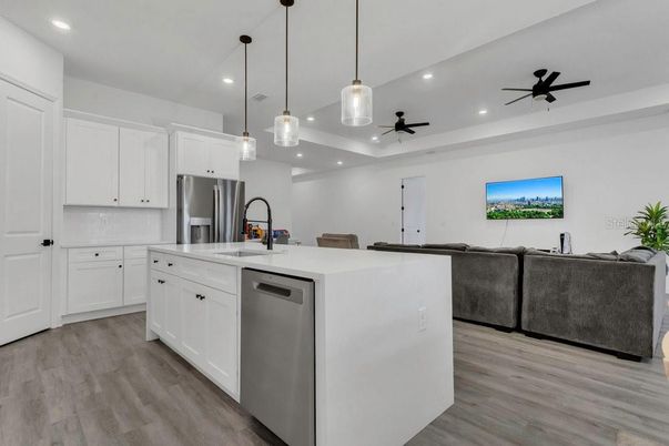 Interior, Kitchen, Living room, Pendant Lights, Recessed Lighting, Stainless Steel Appliances, Wood Texture Flooring