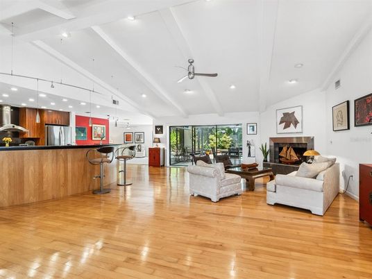 Fireplace, Interior, Kitchen, Living room, Pendant Lights, Recessed Lighting, Wood Texture Flooring