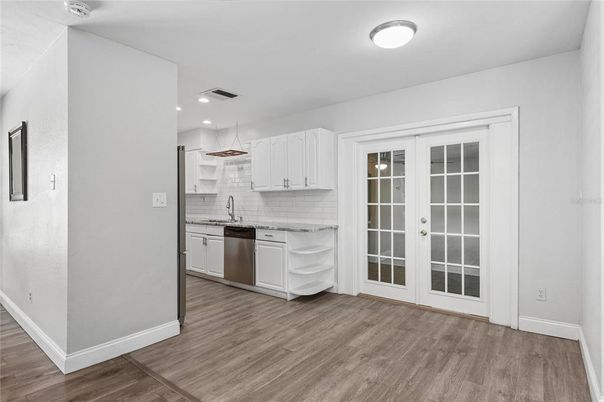 Interior, Kitchen, Recessed Lighting, Stainless Steel Appliances, Wood Texture Flooring