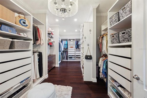 Chandelier, Interior, Recessed Lighting, Walk-in Closets, Wood Texture Flooring