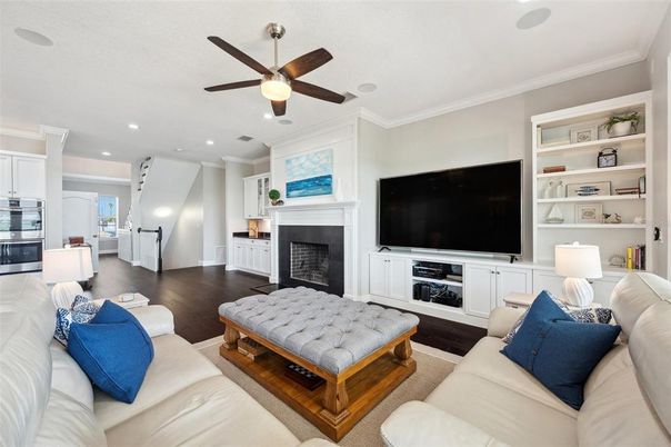 Fireplace, Interior, Living room, Recessed Lighting, Wood Texture Flooring
