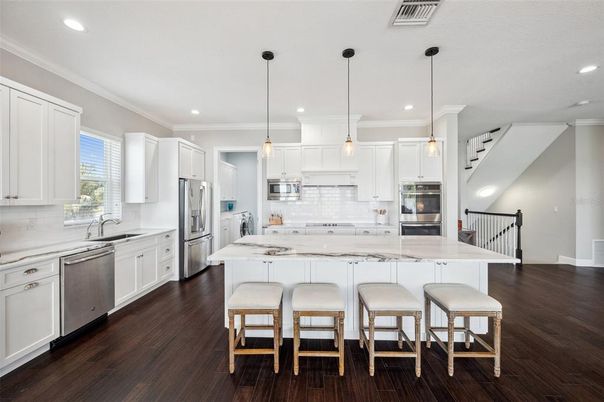 Interior, Kitchen, Pendant Lights, Recessed Lighting, Stainless Steel Appliances, Wood Texture Flooring