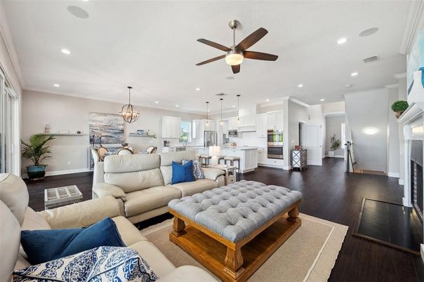Chandelier, Dining room, Interior, Kitchen, Living room, Pendant Lights, Recessed Lighting, Wood Texture Flooring