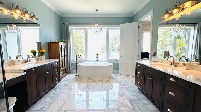 Bathroom, Chandelier, Dual Sink Vanities, Free Standing Baths, Interior, Marble