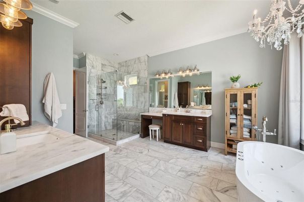 Bathroom, Chandelier, Free Standing Baths, Glass Shower, Interior, Marble, Marble Walls