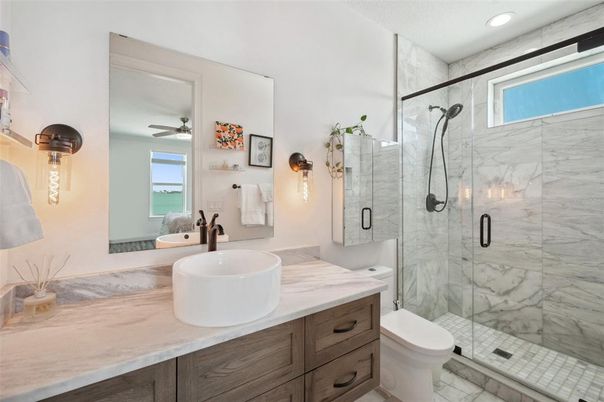 Bathroom, Glass Shower, Interior, Marble, Marble Walls, Recessed Lighting