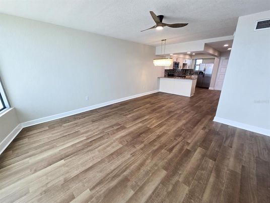Empty room, Interior, Kitchen, Recessed Lighting, Wood Texture Flooring