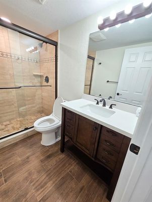 Bathroom, Glass Shower, Interior, Wood Texture Flooring