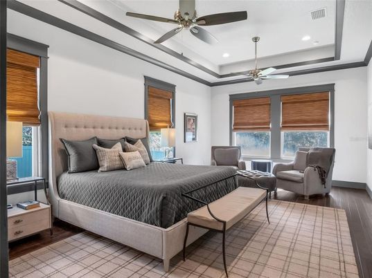 Bedroom, Interior, Recessed Lighting, Wood Texture Flooring