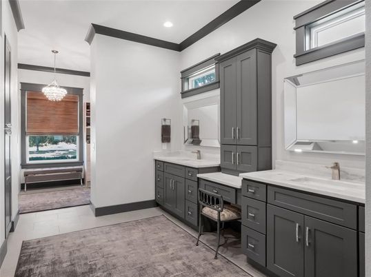 Bathroom, Chandelier, Dual Sink Vanities, Interior, Recessed Lighting