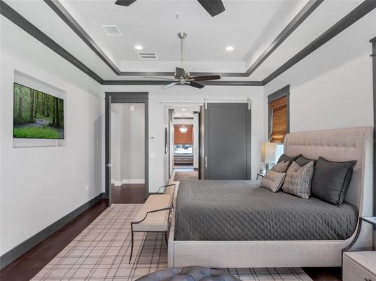 Bedroom, Interior, Recessed Lighting, Wood Texture Flooring