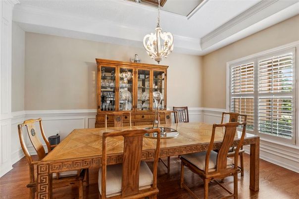 Dining room, Interior, Pendant Lights, Wood Texture Flooring