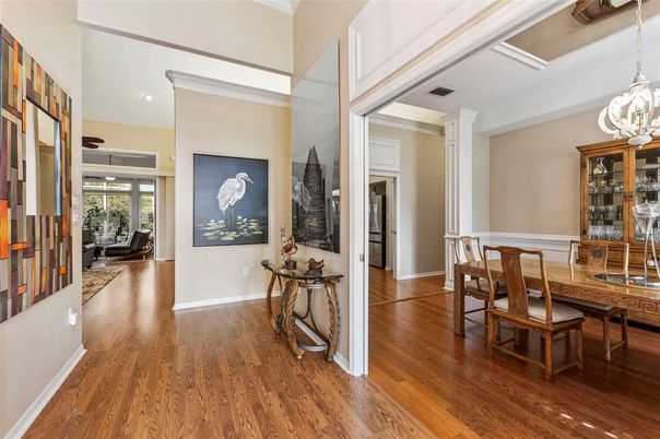 Dining room, Interior, Pendant Lights, Recessed Lighting, Wood Texture Flooring