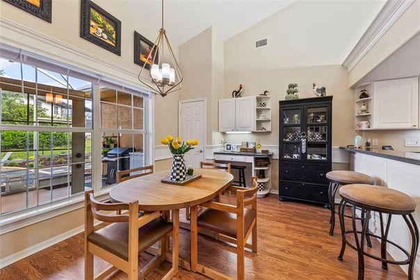 Dining room, Interior, Kitchen, Pendant Lights, Wood Texture Flooring