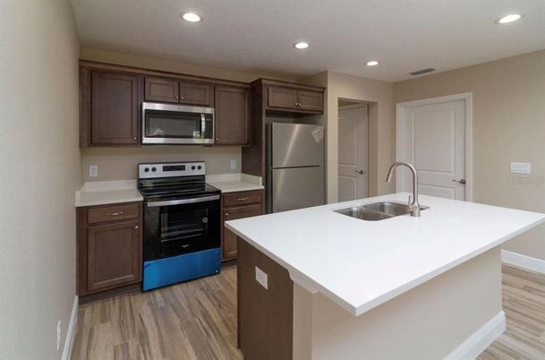 Interior, Kitchen, Recessed Lighting, Stainless Steel Appliances, Wood Texture Flooring