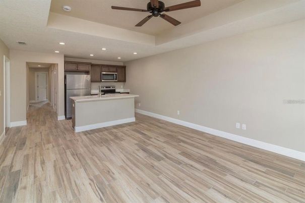 Interior, Kitchen, Recessed Lighting, Stainless Steel Appliances, Wood Texture Flooring