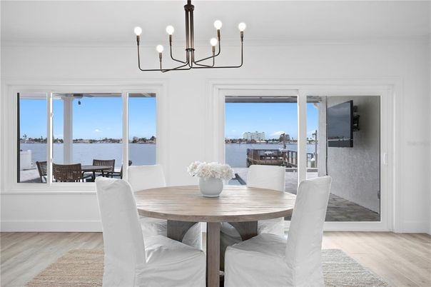 Chandelier, Dining room, Interior, Water, Wood Texture Flooring