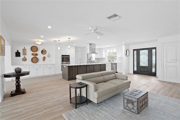 Interior, Kitchen, Living room, Pendant Lights, Recessed Lighting, Stainless Steel Appliances, Wood Texture Flooring