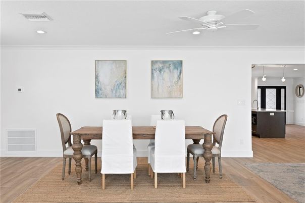Dining room, Interior, Pendant Lights, Recessed Lighting, Wood Texture Flooring