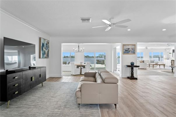 Dining room, Interior, Living room, Pendant Lights, Recessed Lighting, Water, Wood Texture Flooring