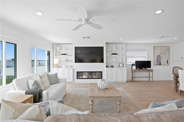Fireplace, Interior, Living room, Recessed Lighting, Wood Texture Flooring