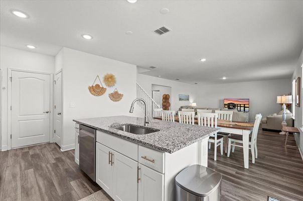 Dining room, Interior, Kitchen, Living room, Recessed Lighting, Wood Texture Flooring