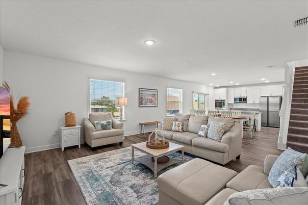 Interior, Kitchen, Living room, Recessed Lighting, Stainless Steel Appliances, Wood Texture Flooring